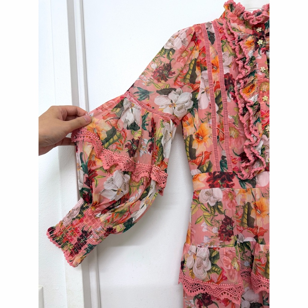 Alice + Olivia Brooke High Neck Maxi Dress Juniper Floral Rose Pink Lace Trim 0 - Picture 8 of 16